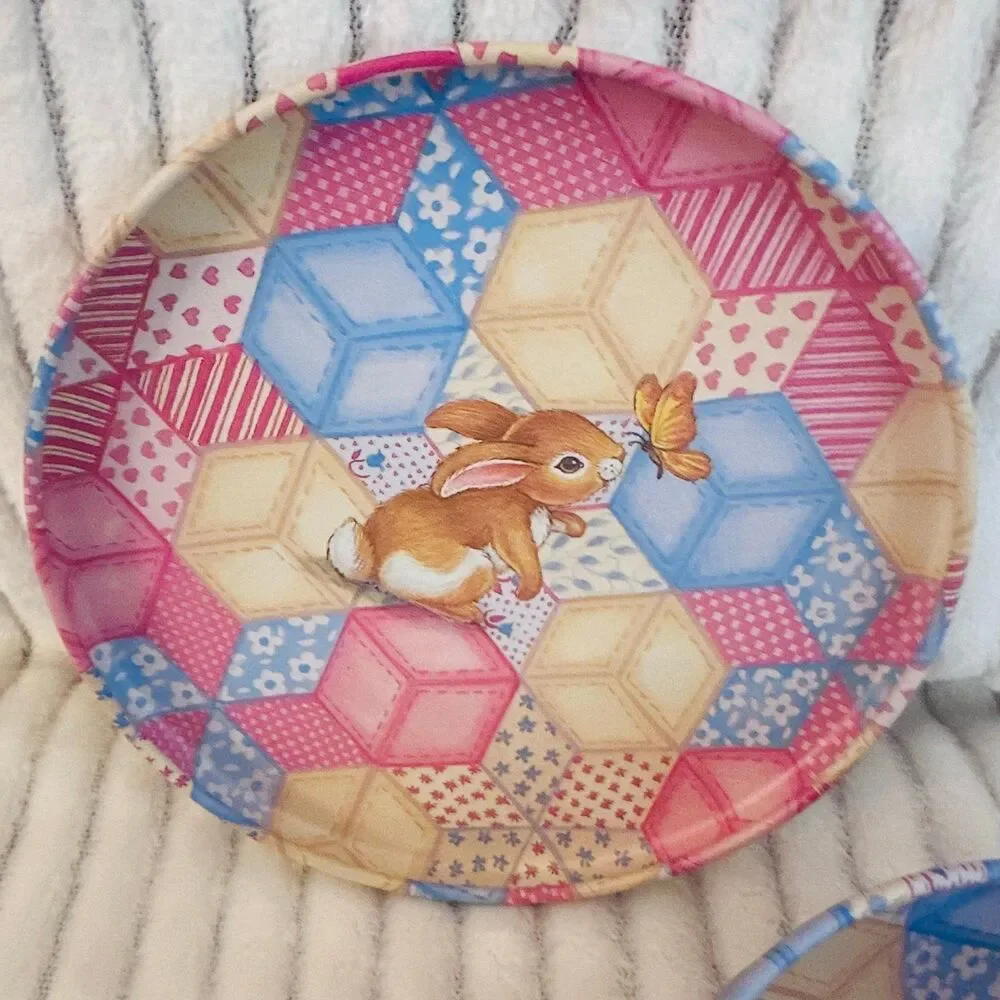 Vintage Decorative Tin with Quilted print and  Bunny Rabbits